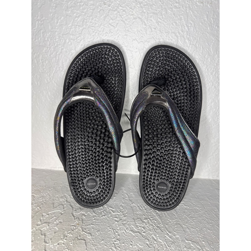 Kenkoh Massage Sandal Women 9 Black Excellent Iridescent Thong Reflex Flip Flop